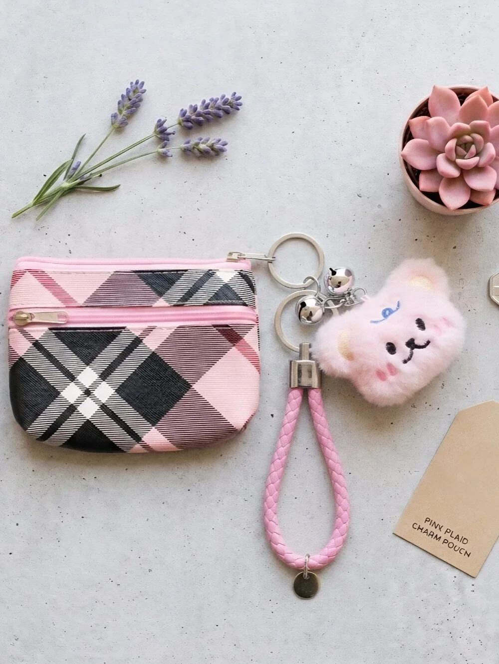 Plaid Coin Purse & Fuzzy Bear Keychain Set | Zip Wallet Bag Charm